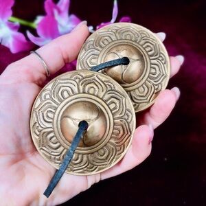 Brass Tibetan Tingsha Cymbals - lotus flower Engraved Pair